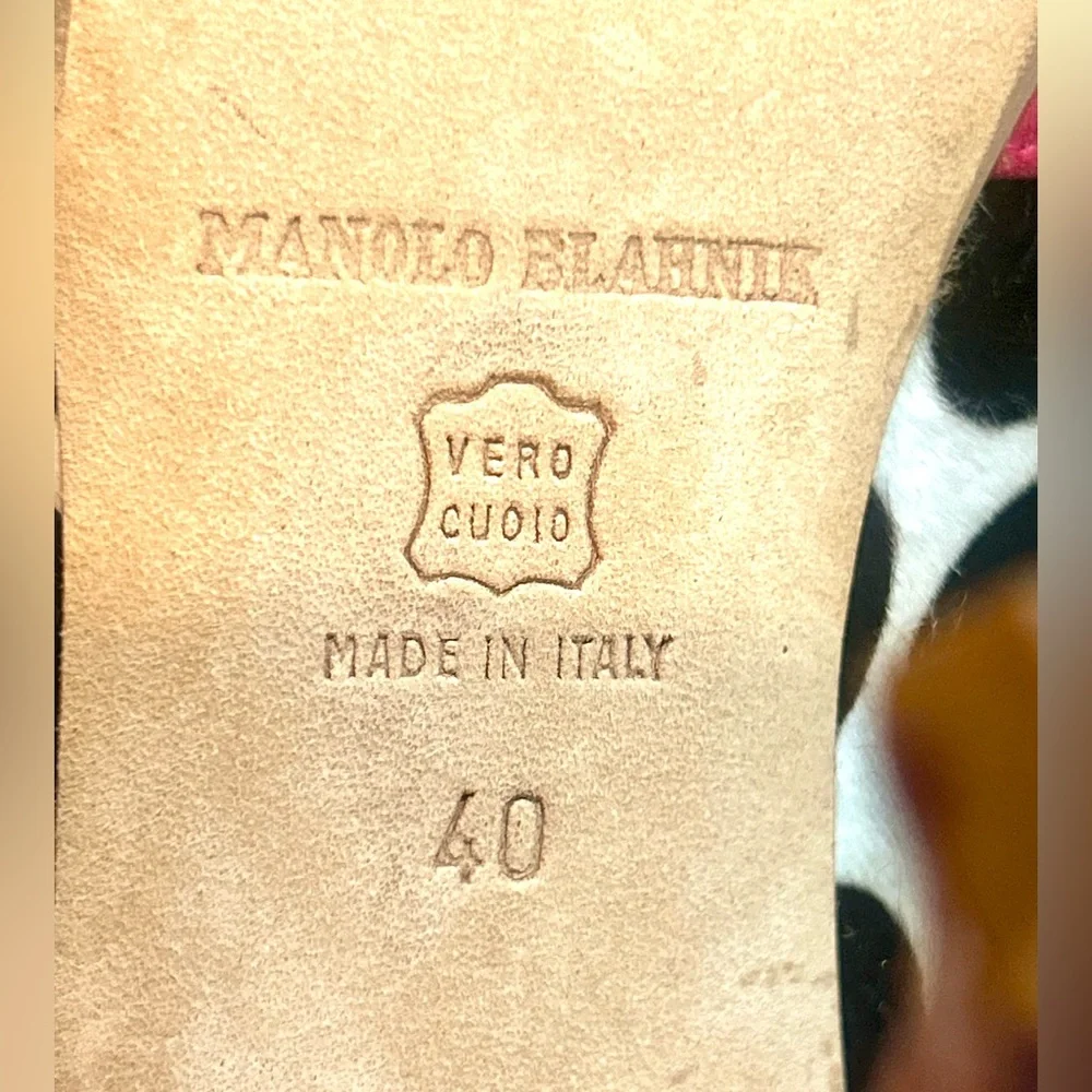 Manolo Blahnik Black and Pink Polka Dot Heels/ Pony Hair Vintage - Picture 6 of 16